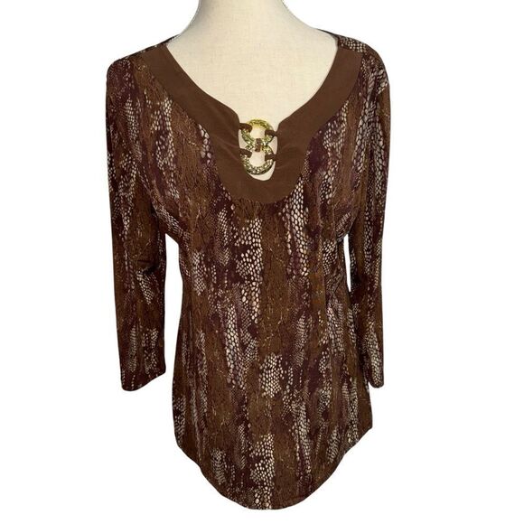 Vintage Brown Beige V Neck Animal Snake Print 3/4 quarter Sleeve Blouse size L - Picture 2 of 9